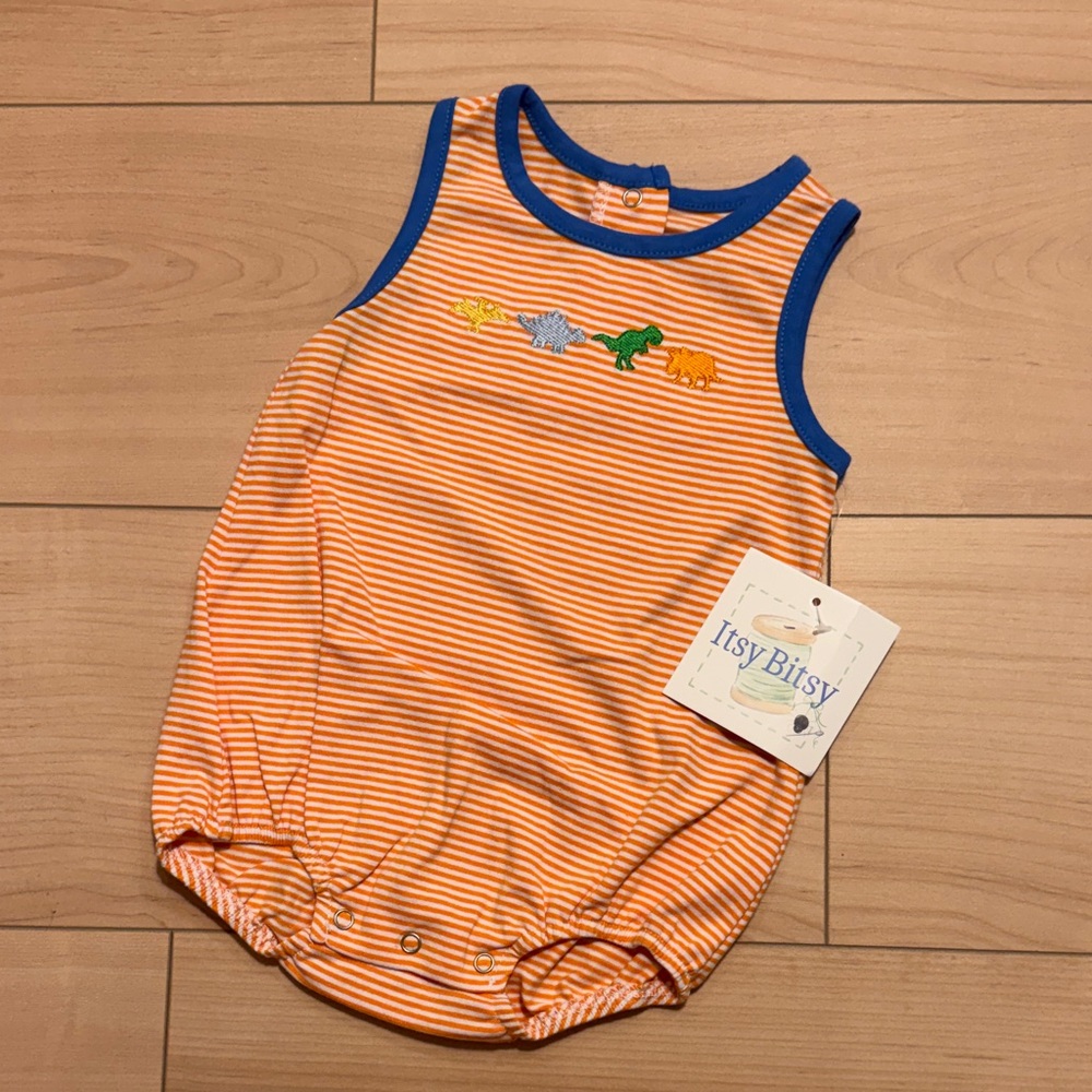 Itsy Bitsy Orange Striped Dino bubble Romper